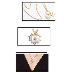 TORY BURCH Mother Of Pearl Heart & Square Pendant Double T Logo Necklace